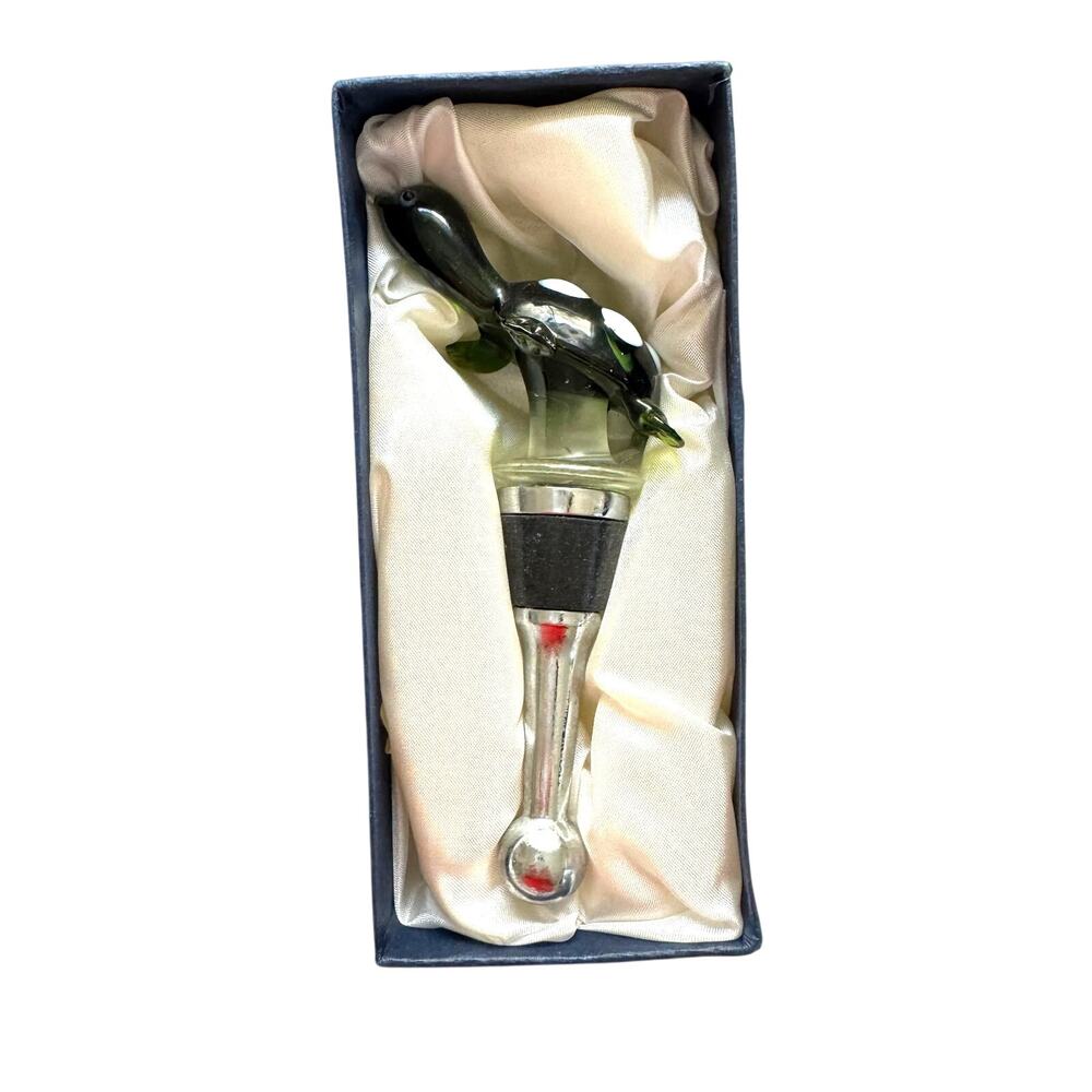 Green Glass Turtle with White Polka Dots Wine Bottle Stopper in Gift Box